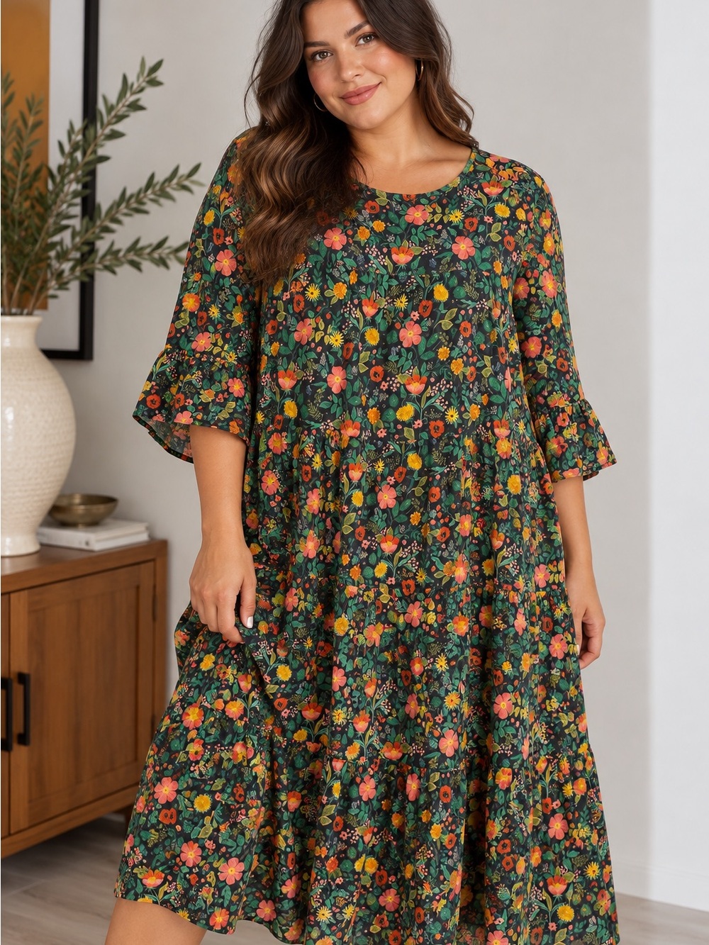 Relaxed Floral Tiered Midi Dress in Dark Green and Black